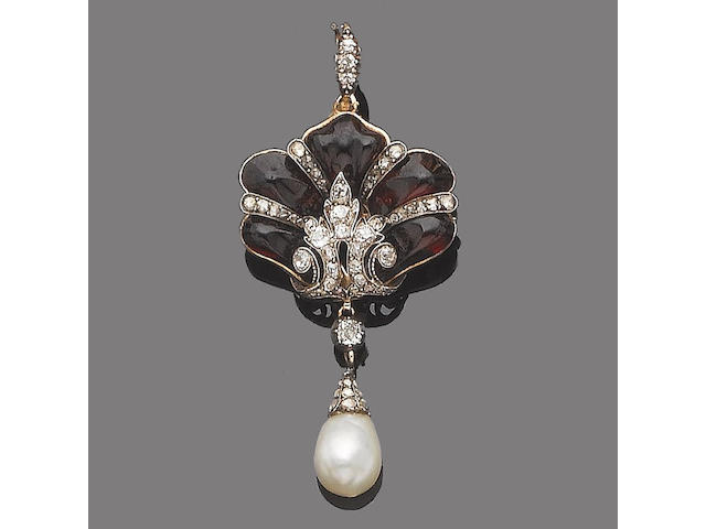 A garnet, pearl and diamond brooch,