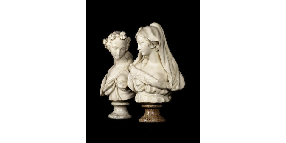 A fine pair of French late 18th century carved white marble busts of ladies, emblematic of Summer and Winter by Josse-Fran&#231;ois-Joseph Leriche (1738 - 1812), one dated 1778, the other dated 1780