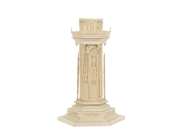 An impressive European mid-19th century Gothic style carved ivory architectural model of a tower