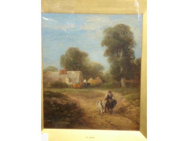 Circle of David Cox Snr., O.W.S. (British, 1783-1859) Figures and horses on a country lane,