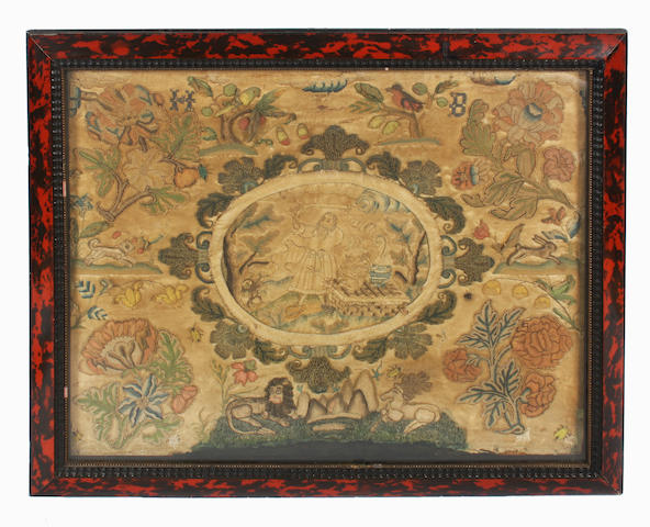 A 17th century stump and needlework picture depicting 'The Sacrifice of Isaac'