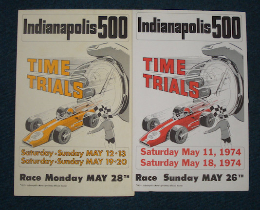 Bonhams : Two Indianapolis 500 Time Trials posters, 1973 and 1974, Bonhams : Two Indianapolis 500 Time Trials posters, 1973 and 1974,
