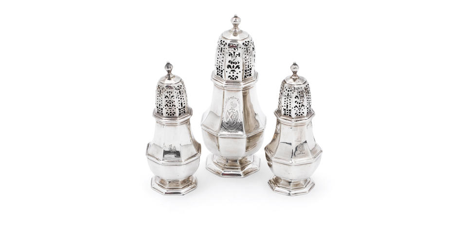 A suite of three George I silver casters, by Charles Adam, London 1718,  (3)