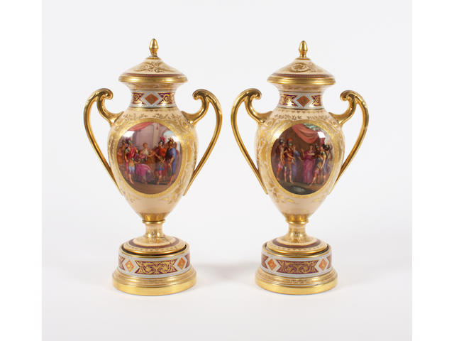 A pair of Vienna style vases, covers and stands Late 19th Century.