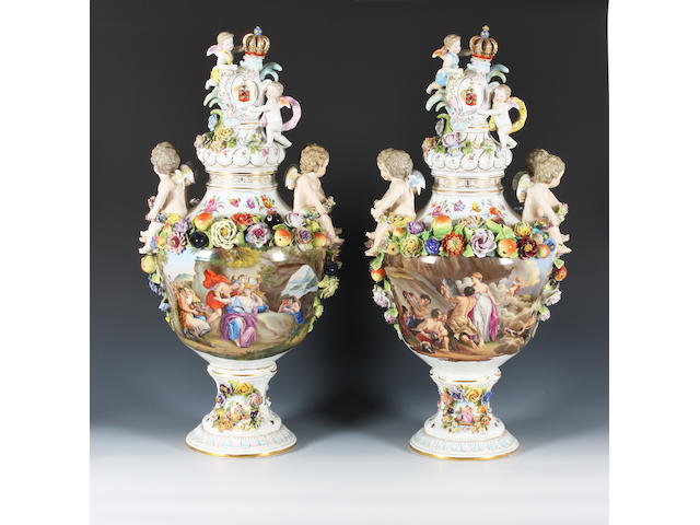 A pair of Carl Thieme vases and covers Late 19th Century.