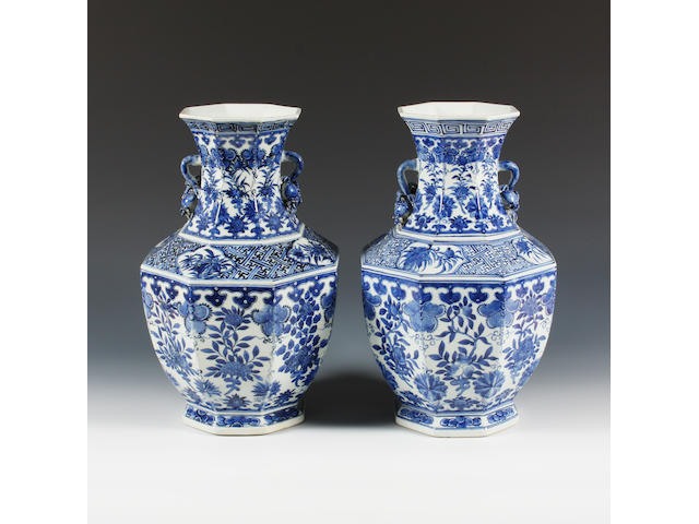 A pair of Chinese blue and white twin handled vases Late 19th Century.