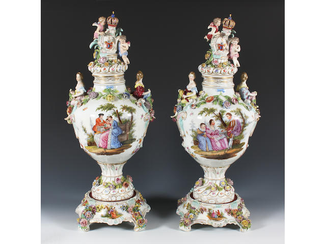 A pair of Carl Thieme vases, covers and stands Late 19th Century.