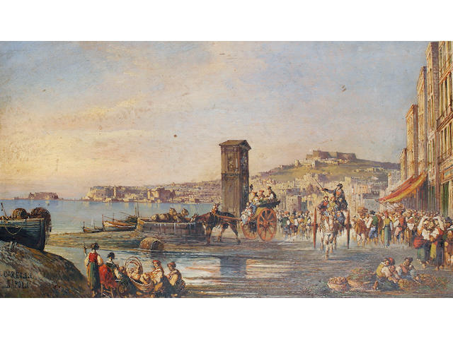 Giuseppe Carelli (Italian, 1858-1921) A busy day on the waterfront, Naples
