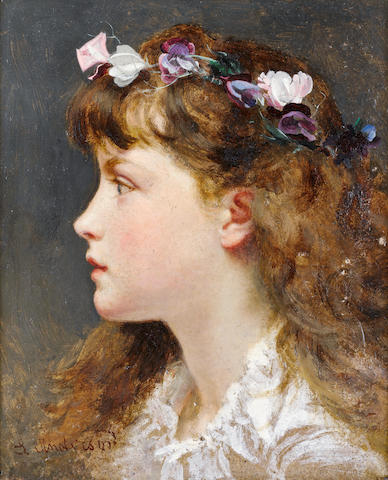 Sophie Anderson (British, 1823-1903) A young girl with a garland of flowers in her hair