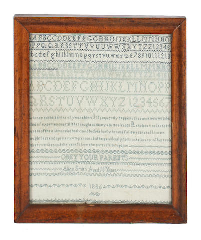 A mid 19th century alphabet sampler, 'Obey Your Parents'
