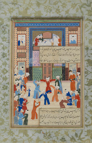 An illustrated leaf from a manuscript of Sultan Husain ibn Mansur Bayqara's Majalis al-'Ushaq (Assemblies of Lovers, i.e. Lives of Saints), depicting whirling sufis Safavid Persia, Shiraz, circa 1560