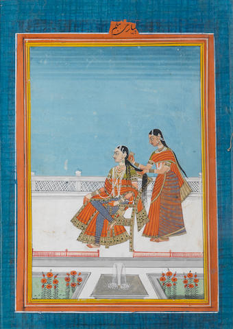 A princess with a female attendant on a palace terrace Hyderabad, circa 1840
