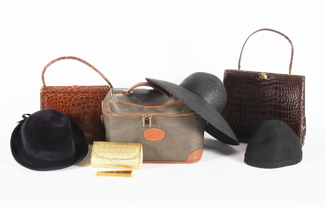 A Mulberry vanity case, two handbags and three hats