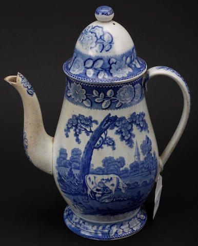 An early 19th Century Staffordshire Pearlware blue and white coffee pot and cover,