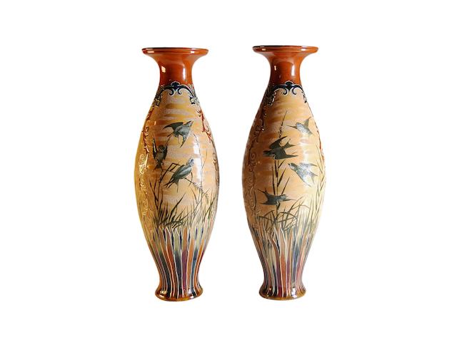 Lambeth A large and exceptional pair of Florence Barlow Doulton Lambeth vases, Circa 1880