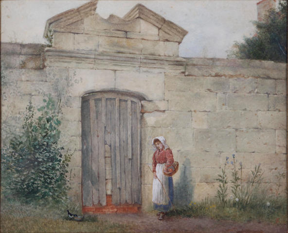 Follower of Myles Birket Foster, RWS (British 1825-1899) Girl and a bird before a stone wall and gate
