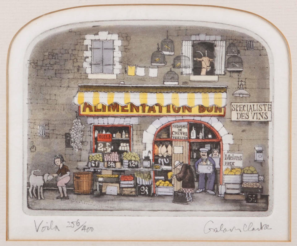 Graham Clarke (British, 1941) Four colour etchings 'Plat du Jour', 'Voila', 'A la carte', 'Bon Appetit', each signed and numbered 256/400 in pencil, on thick wove, with the CCA Galleries blindstamp