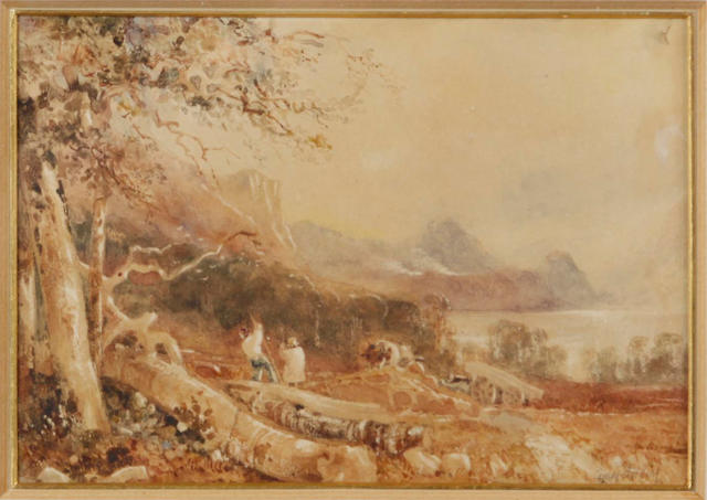 Copley Fielding (British, 1787-1855) Figures logging in a mountainous landscape