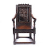 Thumbnail of A James I oak panel back armchair Of rare design image 1