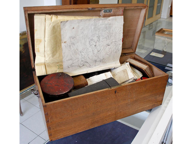 Matthew Shepperson (British, 1785-1874) A box containing letters and papers relating to the artist, including a Royal Academy Medallion & Ivory R.A. Disc, account book relating to various clients including royalty and nobility, sketches, two cased sets of drawing instruments, brushes etc, and family papers etc.