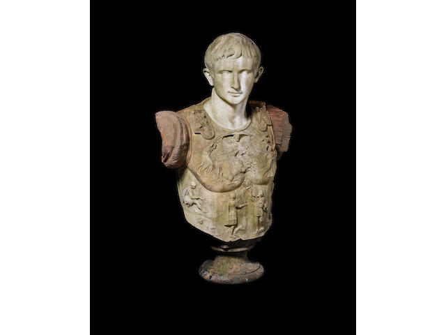 After the Antique: A 19th century Italian carved Carrara marble bust of Caesar Augustus
