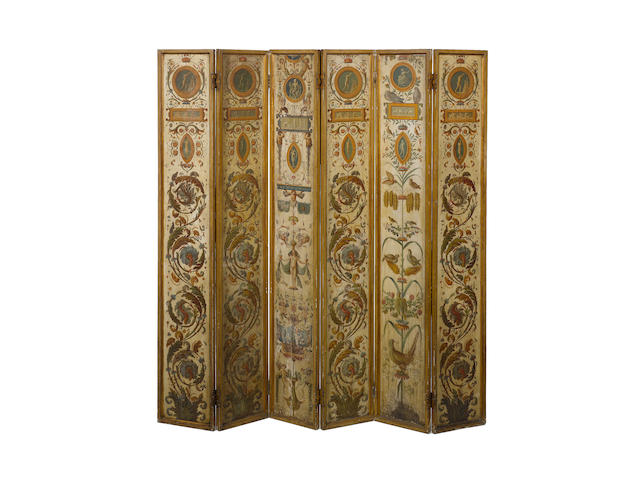 An Italian late 19th century polychrome decorated six fold painted screen