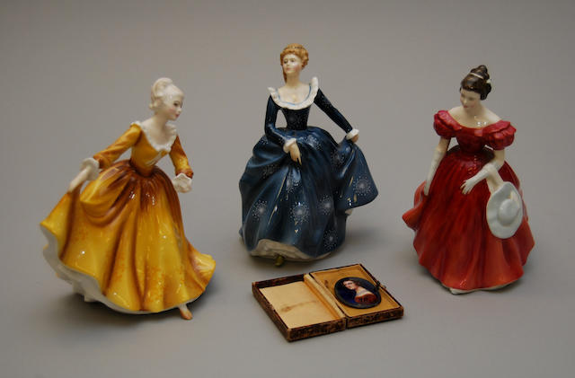 Three Royal Doulton figurines and a Limoges enamel brooch