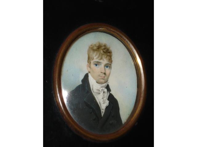 Circle of George Engleheart (British, 1750-1829) A portrait miniature of a young gentleman wearing dark jacket and white stock, oval, on ivory,