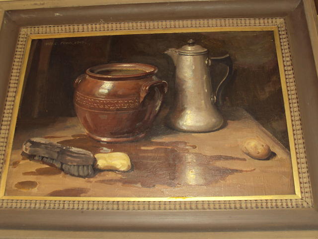 William Charles Penn (British, 1877-1968) Still life of waterpots, brush and potatoes,