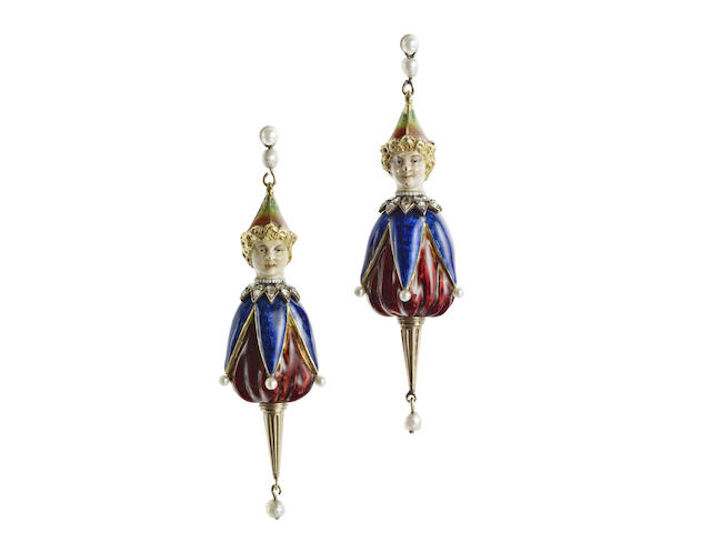 A pair of late 19th century puppet design earrings, possibly French