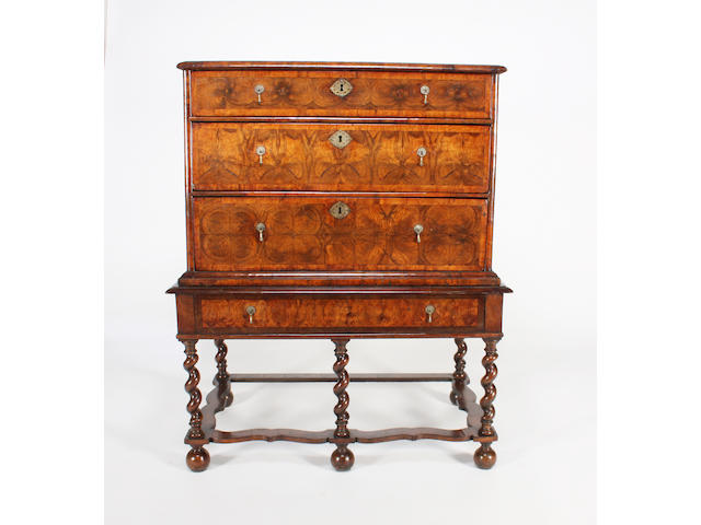 A late 17th century oyster work and olivewood crossbanded chest-on-stand
