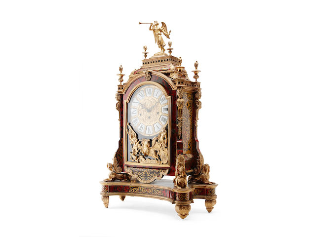An impressive French 18th century style red tortoiseshell and boulle bracket clock