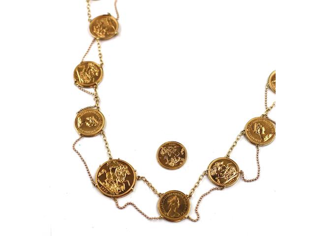 A coin necklace Composed of ten Elizabeth II sovereigns, 1978 (x9) and 1988, to central &#163;2 coin, 1988, in in claw mounts linked by sections of belcher-link chain, with bead-link chain swags below,
