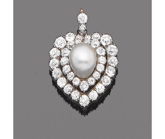 A late 19th century pearl and diamond pendant/brooch,