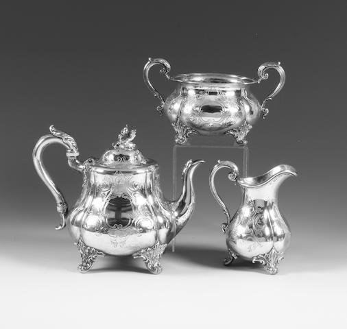 A Victorian silver three piece tea set By John Samuel Hunt, London, 1856-7,  (3)