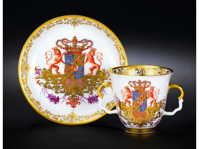 A Meissen armorial two-handled beaker and saucer from the service for Queen Ulrika Eleonora of Sweden circa 1732