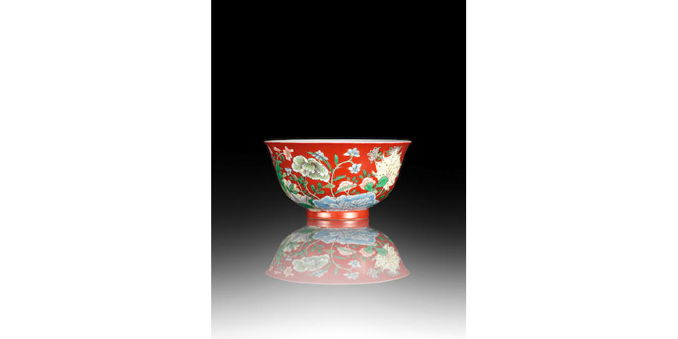 An extremely fine and rare coral-ground wucai bowl Kangxi yuzhi four-character mark and of the period