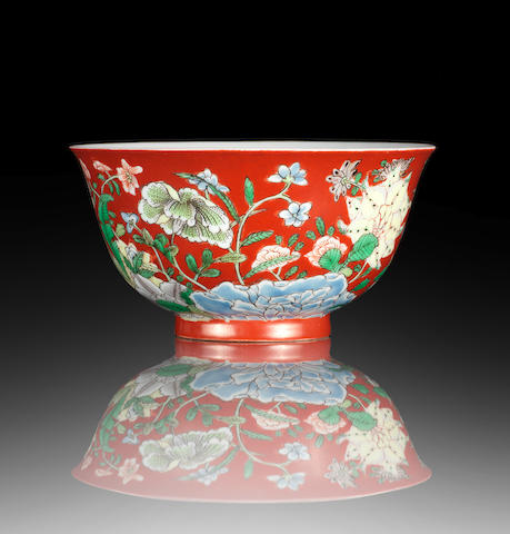 An extremely fine and rare coral-ground wucai bowl Kangxi yuzhi four-character mark and of the period