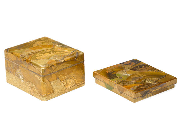 A fine matching set of gold lacquer and silver-inlaid tebako (cosmetic box and cover), bundai (writing desk) and suzuribako (writing box and cover) Meiji Period