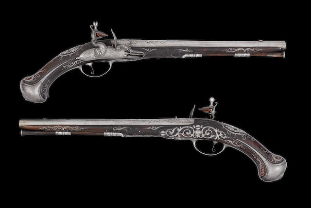 A Very Fine Pair Of 28-Bore French Royal Flintlock Holster Pistols With The Arms Of The Grand Dauphin (d. 1711)