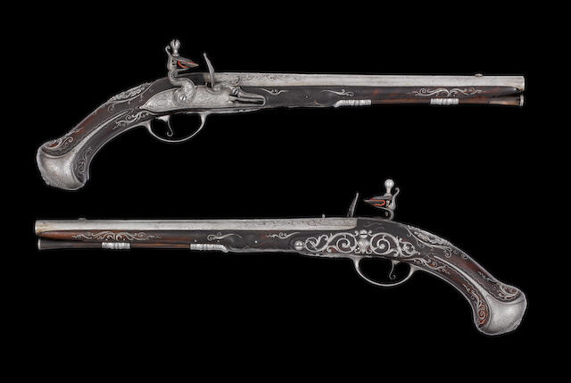A Very Fine Pair Of 28-Bore French Royal Flintlock Holster Pistols With The Arms Of The Grand Dauphin (d. 1711) A Very Fine Pair Of 28-Bore French Royal Flintlock Holster Pistols With The Arms Of The Grand Dauphin (d. 1711)