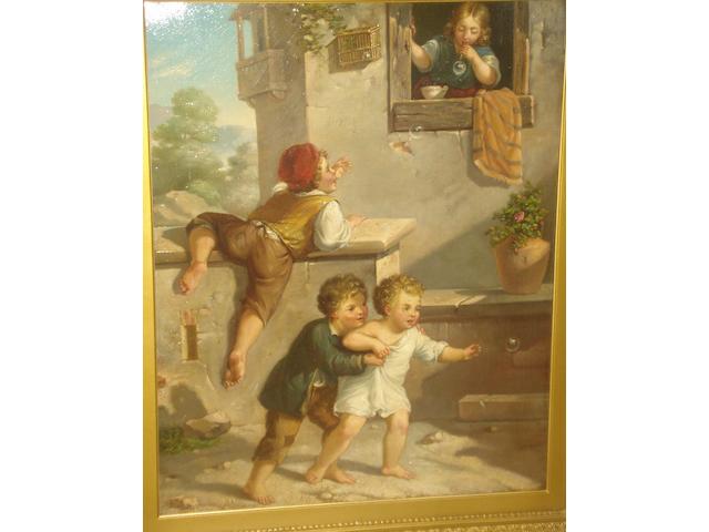 Italian school circa 1860 Children playing by an open window, one blowing bubbles