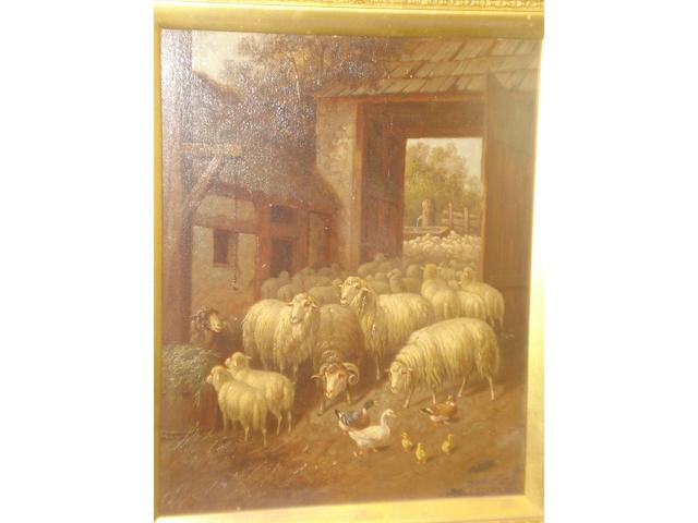 Circle of Eug&#232;ne Verboeckhoven (Belgian, 1798-1881) Lambs, sheep, ducks and ducklings in a farmyard