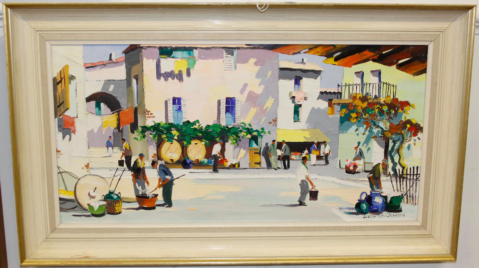 D'Oyly John (British, 1906-1993) 'By the market place in Cannes, French Riviera', signed; inscribed verso, oil on canvas, 35.5 x 71cm; together with another of Nice by the same hand. (2)