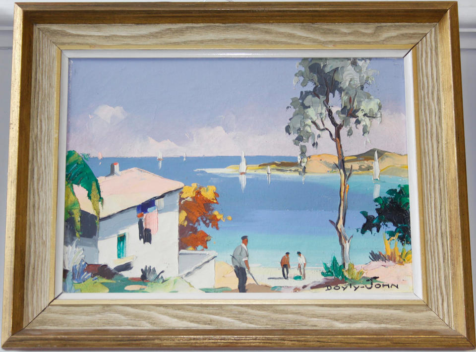 D'Oyly John (British, 1906-1993) 'Poznia, Southern Spain, Costa Brava' signed; inscribed verso, oil on canvas, 25 x 35cm; together with two others similar by the same hand. (3)