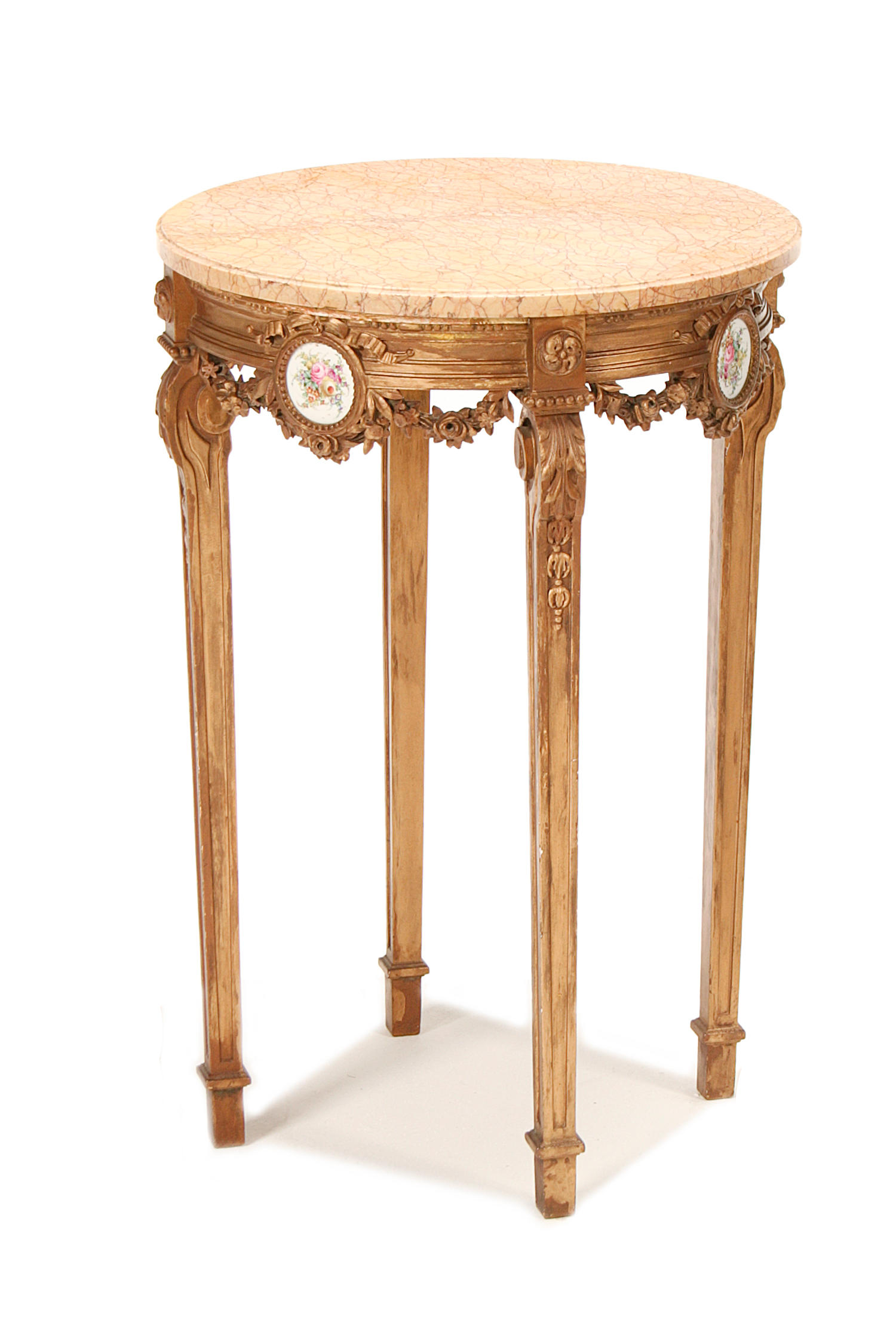 A French early 20th century giltwood and porcelain mounted occasional table