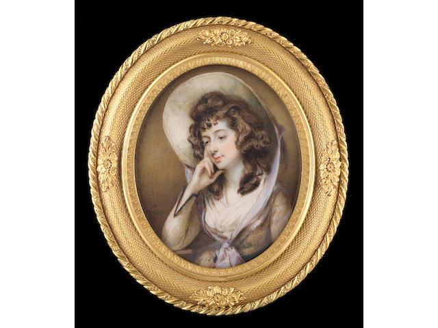 Horace Hone, ARA (Irish, circa 1756-1825) Sarah Siddons (1755&#8211;1831), wearing light brown dress with darker trimming at the cuff, dark brown sash, white fichu, wide brimmed hat with lavender ribbon tied in a knot just below her fichu, she props her face up against her right hand, her elbow resting on the table besides her