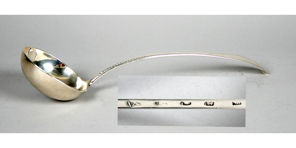A George III feather edge Old English pattern bottom marked soup ladle by Richard Richardson II/III, Chester 1775