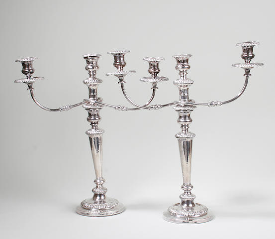 A pair of Sheffield plated three branch candelabra 19th Century  (2)