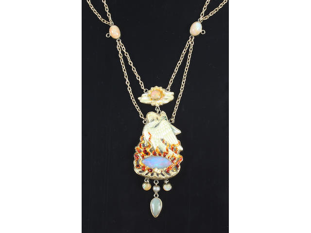 An Arts and Crafts gold, enamel and gem-set necklace The clasp stamped '15ct',